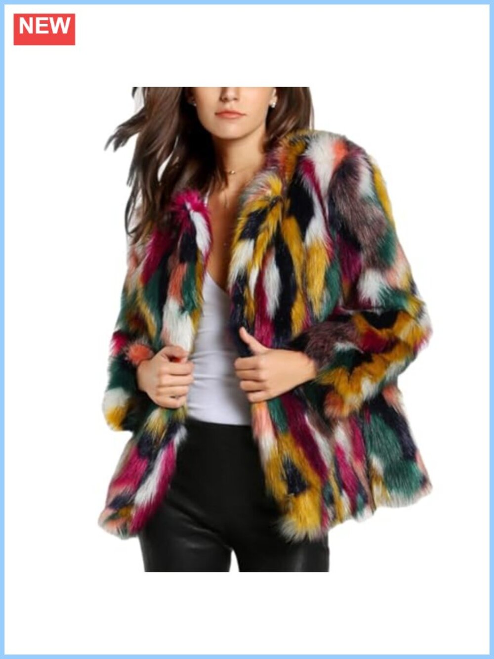 Faux Fur Coat Open Front Furry Jacket Long Sleeve Loose Mid-Length